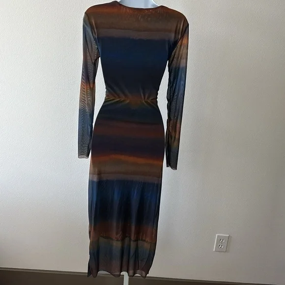 BodyCon Dress L Ruched Ombre Sunset Sheer Sleeves Y2K Dark Fairy Ethereal Grunge - Picture 2 of 15